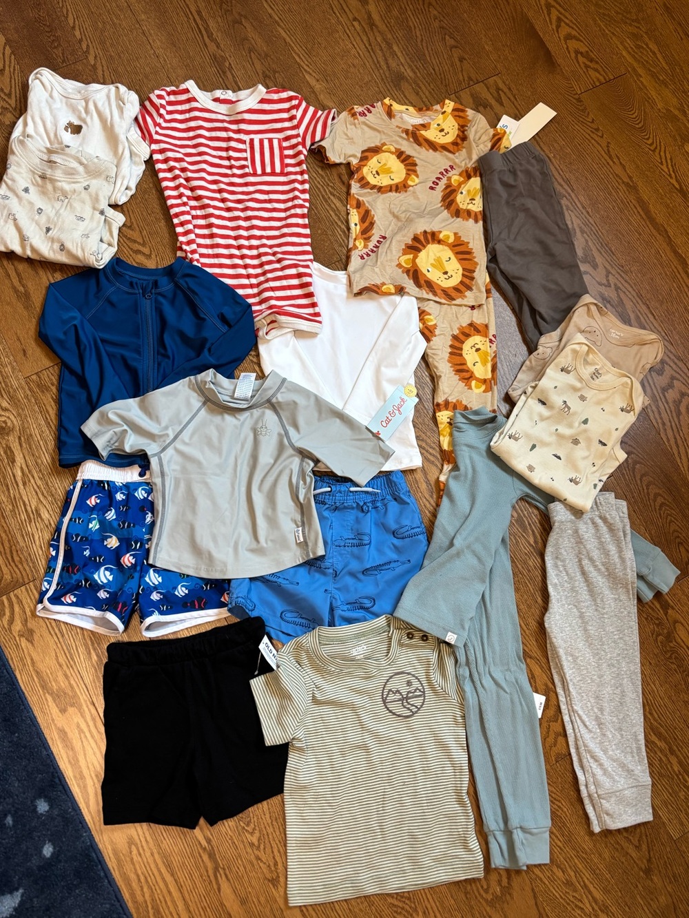 18-24 month toddler boy clothing bundle, rash guard swim suits pajamas tee shirt